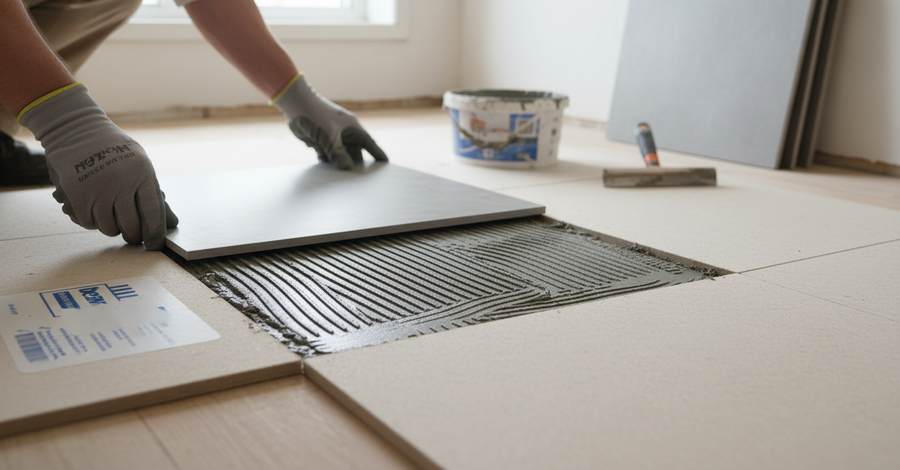 Gloved hands carefully lay the Premium Heavy Duty Cement Fibre Board 6mm for Timber Floor and Wall Overlaying, ideal for soundproofing and acoustic insulation, onto thin-set mortar over an underlayment panel.