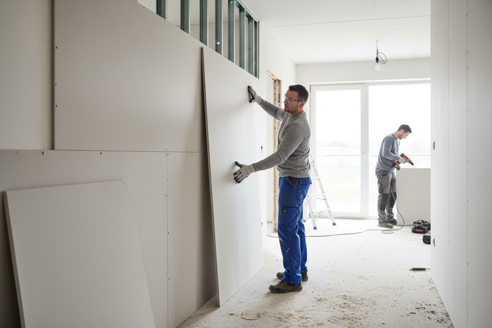 Worker installing Premium High-Performance Fibre Gypsum Board 15mm for Robust Internal Walls and Ceilings with Superior Strength and Acoustic Insulation, ideal for soundproofing and noise reduction in high-traffic areas.