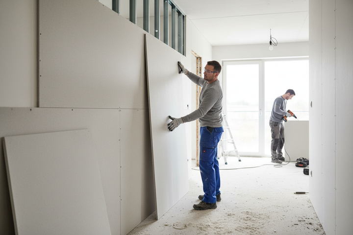 Worker installing Premium High-Performance Fibre Gypsum Board 15mm for Robust Internal Walls and Ceilings with Superior Strength and Acoustic Insulation, ideal for soundproofing and noise reduction in high-traffic areas.