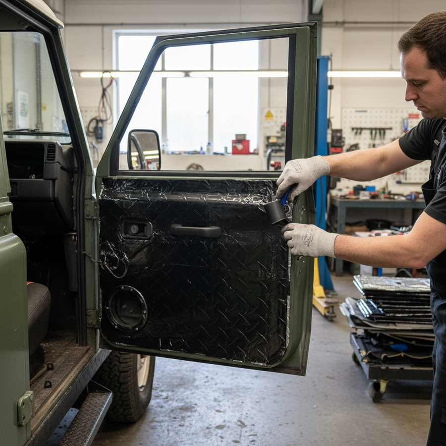 Technician applying Premium Sound Deadening Mat Kit for Land Rover 90 onto a vehicle door, highlighting its 2mm thickness and high-performance soundproofing, acoustic insulation, and vibration damping qualities.