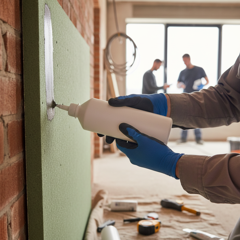 Hands in gloves applying Premium High-Performance Panel Adhesive for Construction, 1 Litre Capacity, to a green insulating panel, ideal for acoustic soundproofing and noise reduction in building projects.