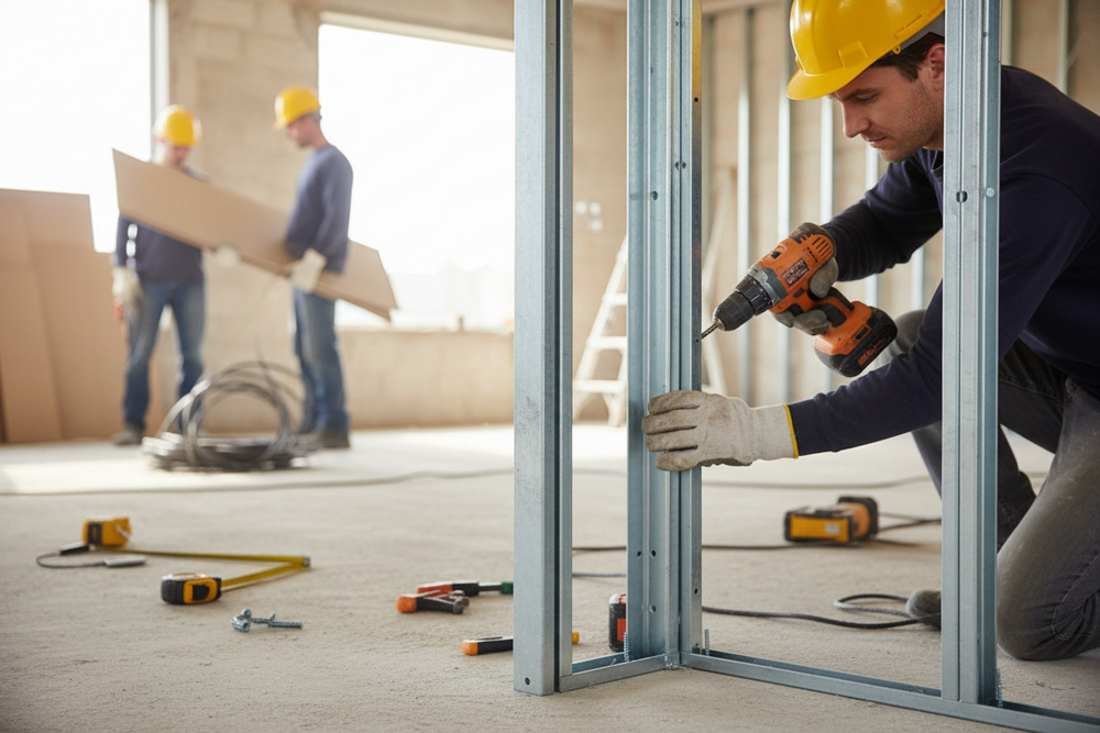 Premium Metal Stud Profile 3000mm x 48mm x 0.6mm for High-Performance Construction used in soundproof and acoustic framing. Tradesman fastening stud amidst building tools. Ideal for noise reduction and vibration damping projects.