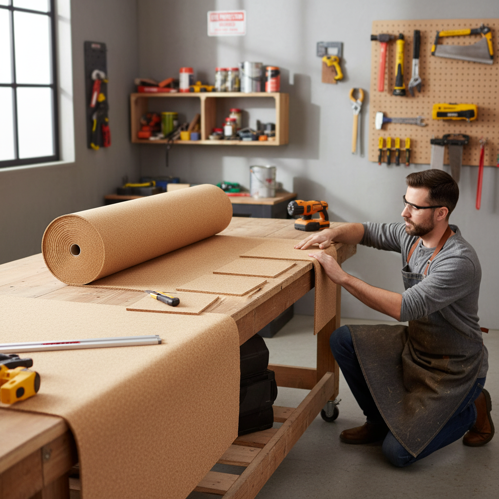 Man in a workshop cuts Premium Fine Grain Large Cork Roll - 4m x 1m, 3mm Thick for Interior Walls. Surrounded by tools, the cork is ideal for soundproofing and acoustic insulation projects.