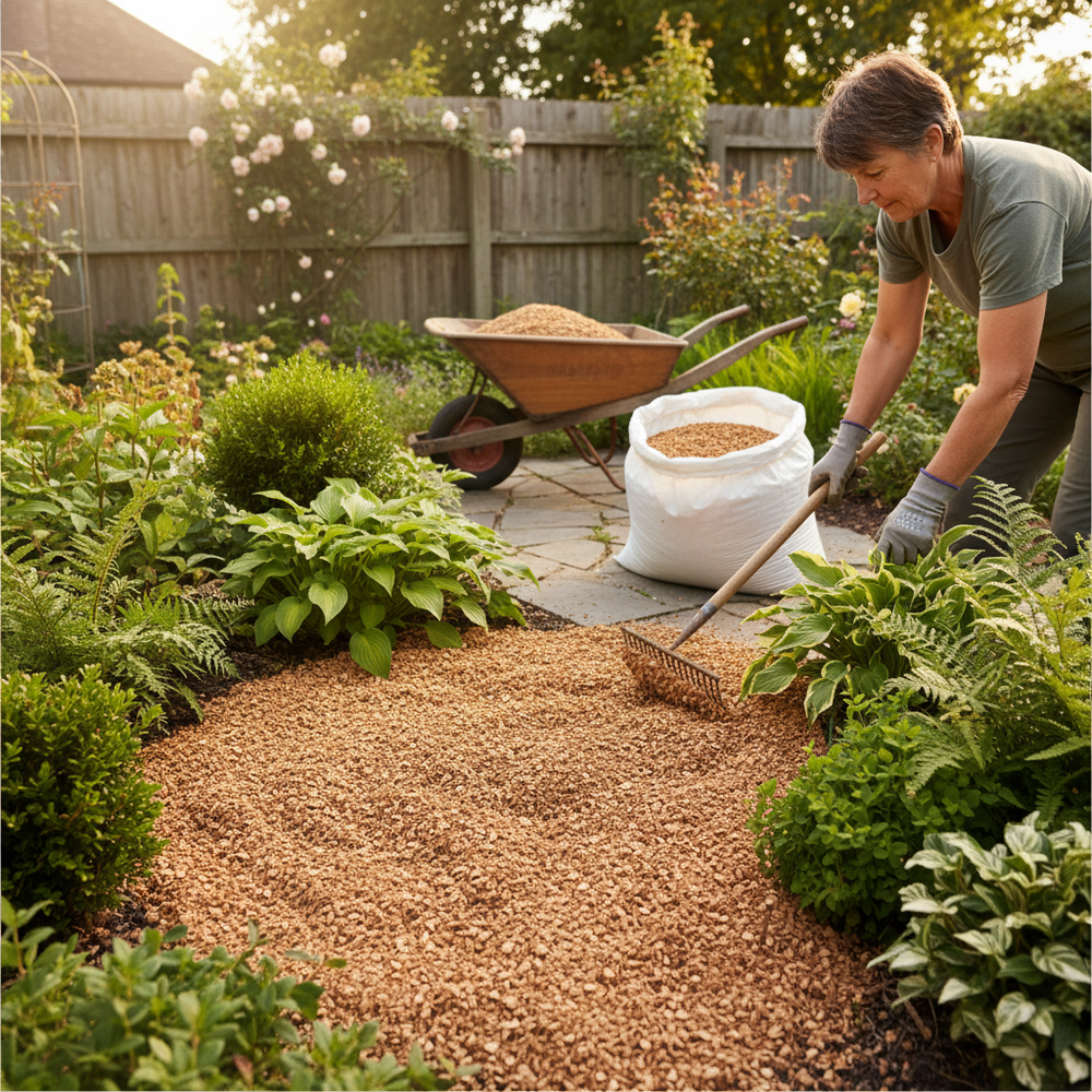 Person in garden using Premium 30kg Bulk Bag High Quality Cork Granules - 3-4mm Granule Size with Density of 60-70kg/m³ for Versatile Applications, ideal for acoustic insulation and noise reduction.