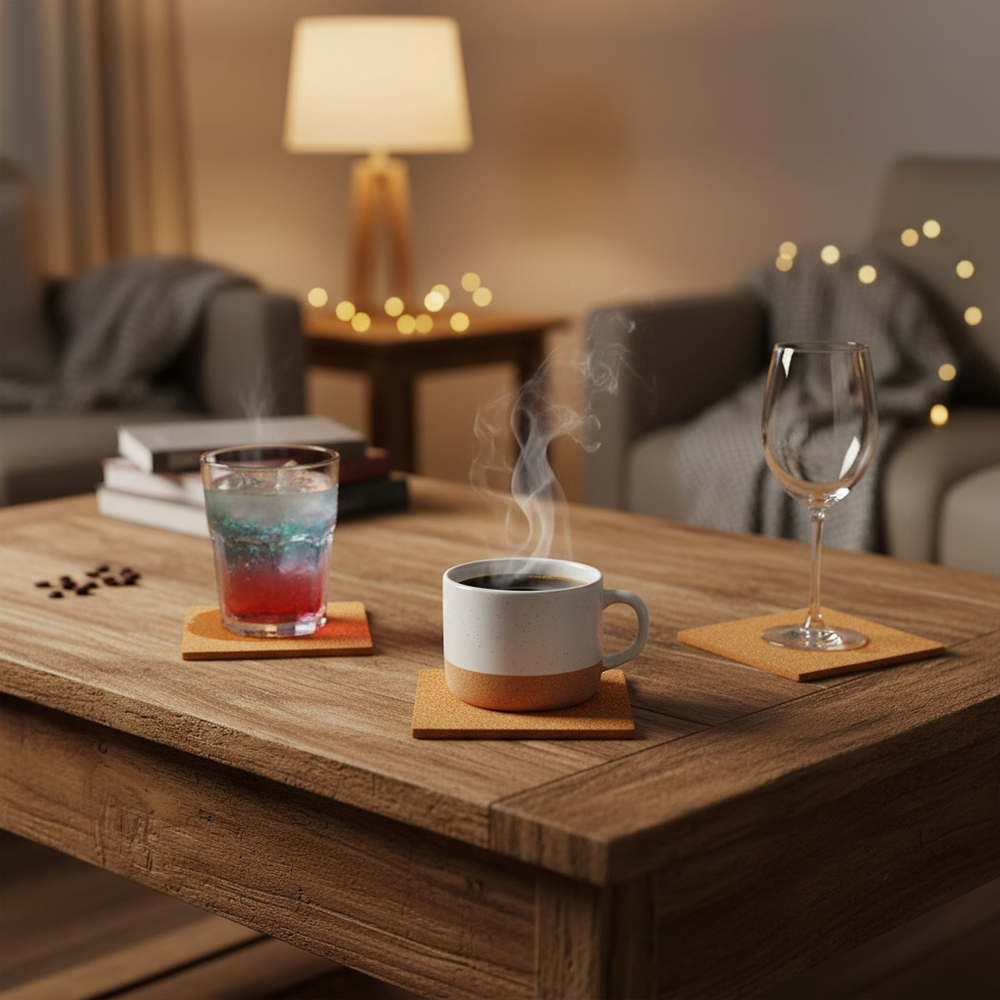 Premium Adhesive Coaster Cork Sheets - 95mm x 95mm, 2mm Thick, 50 Sheets for Crafting and DIY Projects, featured with drink vessels on cork coasters, ideal for soundproof and acoustic applications.