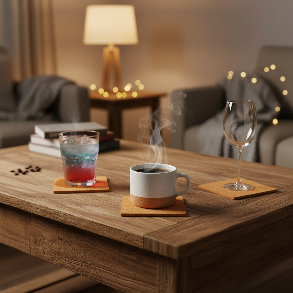 Premium Adhesive Coaster Cork Sheets - 95mm x 95mm, 2mm Thick, 50 Sheets for Crafting and DIY Projects, featured with drink vessels on cork coasters, ideal for soundproof and acoustic applications.