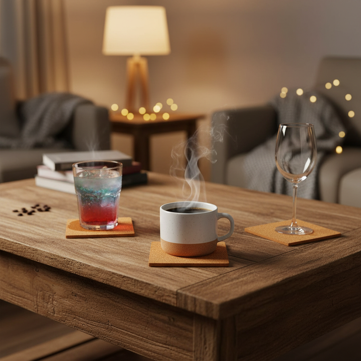 Premium Adhesive Coaster Cork Sheets - 95mm x 95mm, 2mm Thick, 50 Sheets for Crafting and DIY Projects, featured with drink vessels on cork coasters, ideal for soundproof and acoustic applications.