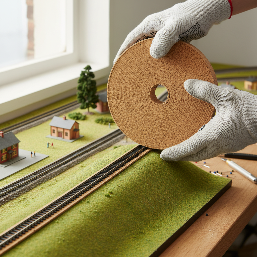 Hands positioning a Premium Model Railway Cork Track Underlay Roll - 10 Meters Long, 25mm Width, 4mm Thickness for N Gauge Layouts, emphasizing soundproofing, noise reduction, and vibration damping on a diorama.