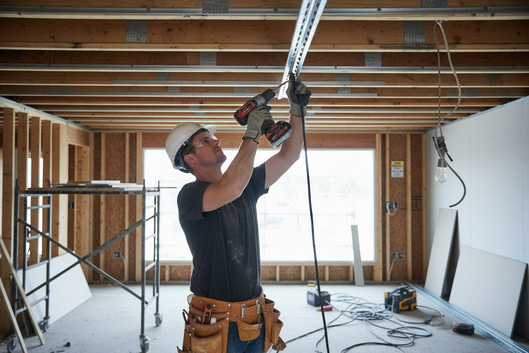 Tradesman using a cordless drill to install Premium Maxi Deep Resilient Bars - 10 Bars per Pack, 3000mm x 120mm x 30mm for Enhanced Sound Insulation, ensuring acoustic performance in a construction setting.
