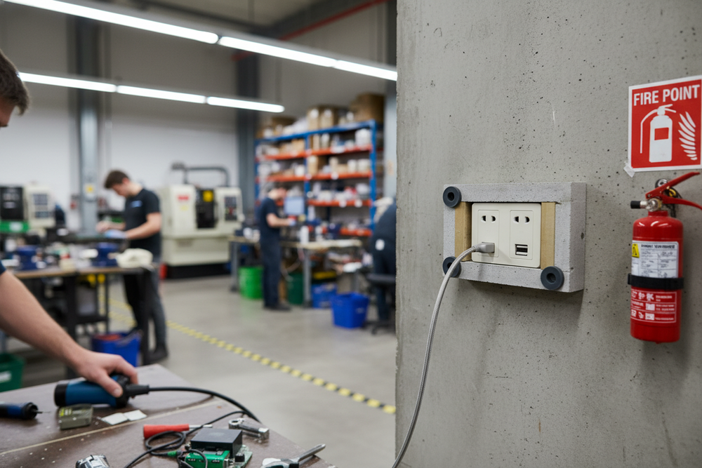 Premium Acoustic Socket Boxes in an industrial workshop, showcasing high-density gypsum construction for enhanced soundproofing. Features visible include a concrete support column with power module, highlighting noise reduction and acoustic insulation capabilities.