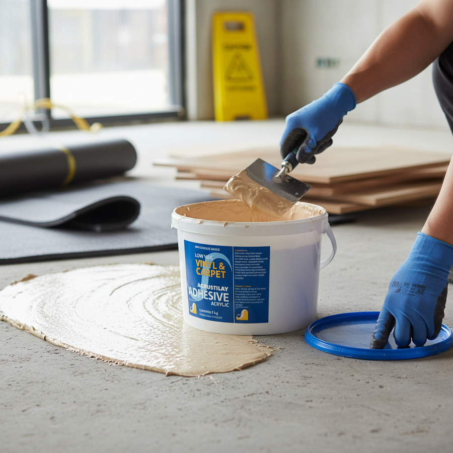Professional Acrylic Adhesive for Flooring Products - 5L Tub with Coverage for 20m² being troweled onto a concrete subfloor, ideal for soundproof and acoustic flooring installations, enhancing noise reduction and vibration damping.