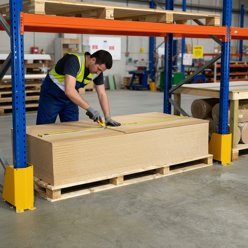 Man in safety gear scores a Premium 6mm Cork Backed with 3mm MDF Sheet - 2400mm x 1200mm on a pallet, ideal for soundproof wall coverings and pinboards, in a warehouse setting.