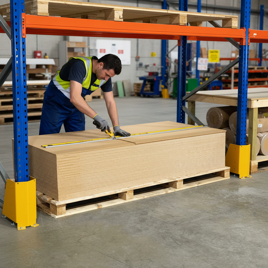 Man in safety gear scores a Premium 6mm Cork Backed with 3mm MDF Sheet - 2400mm x 1200mm on a pallet, ideal for soundproof wall coverings and pinboards, in a warehouse setting.