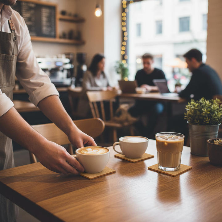 Premium Non-Adhesive Cork Coaster Sheets - 90mm x 90mm, 3mm Thick, Pack of 38 shown under coffee cups, ideal for soundproofing and acoustic projects in cafes or homes. Perfect for noise reduction.