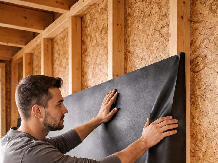 SilentCloud® ProMass 50 Acoustic Membrane being installed by a man aligning it on a wooden stud-framed wall, showcasing its role in soundproofing and noise reduction through effective sound insulation and vibration damping.