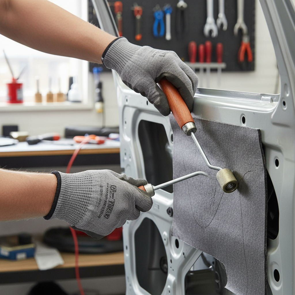 Professional Long Reach Heavy Duty Metal Roller for Sound Deadening Applications with Wood Handle being used to press soundproofing mat onto a car door, emphasizing acoustic noise reduction and vibration damping.