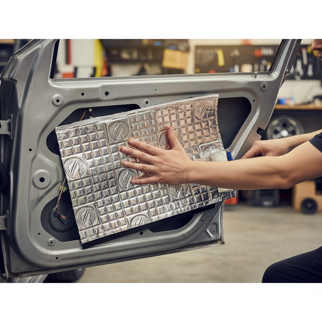 A person installs the Premium 2mm Damping Mat - 40 Sheet Pack for Vehicle Noise Reduction and Vibration Absorption inside a car door, highlighting its soundproof and acoustic vibration damping capabilities.