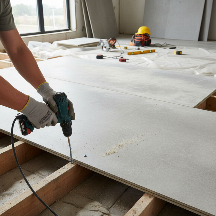 Premium Cement Particle Board 18mm installation scene: gloved hands use a drill to secure the board onto joists, surrounded by renovation tools. Ideal for soundproofing and acoustic performance in indoor settings.