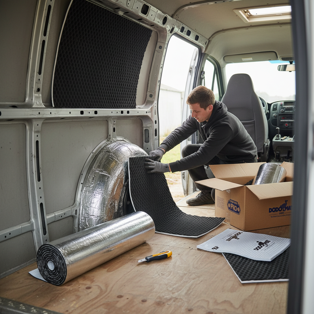 Person installing Premium Campervan Sound Deadening and Insulation Kit, applying textured panels for noise reduction and vibration damping in van conversion, surrounded by soundproof materials and utility tools.