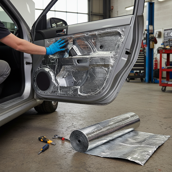 Premium Self-Adhesive Insulation Roll 5mm Thick - 5sq.m Area for Vehicle Comfort being installed on a car door panel, demonstrating its soundproof and vibration damping features with tools nearby for easy application.
