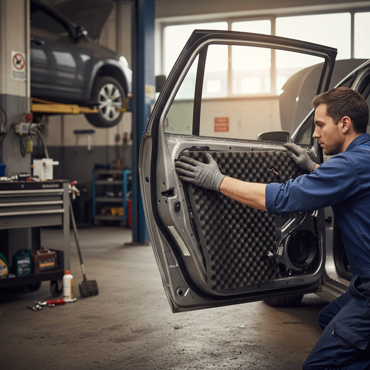 Technician installs Premium Noise-Absorbing Material 35mm with a self-adhesive layer into a car door, showcasing its soundproof and acoustic benefits, perfect for noise reduction and vibration damping in vehicles.