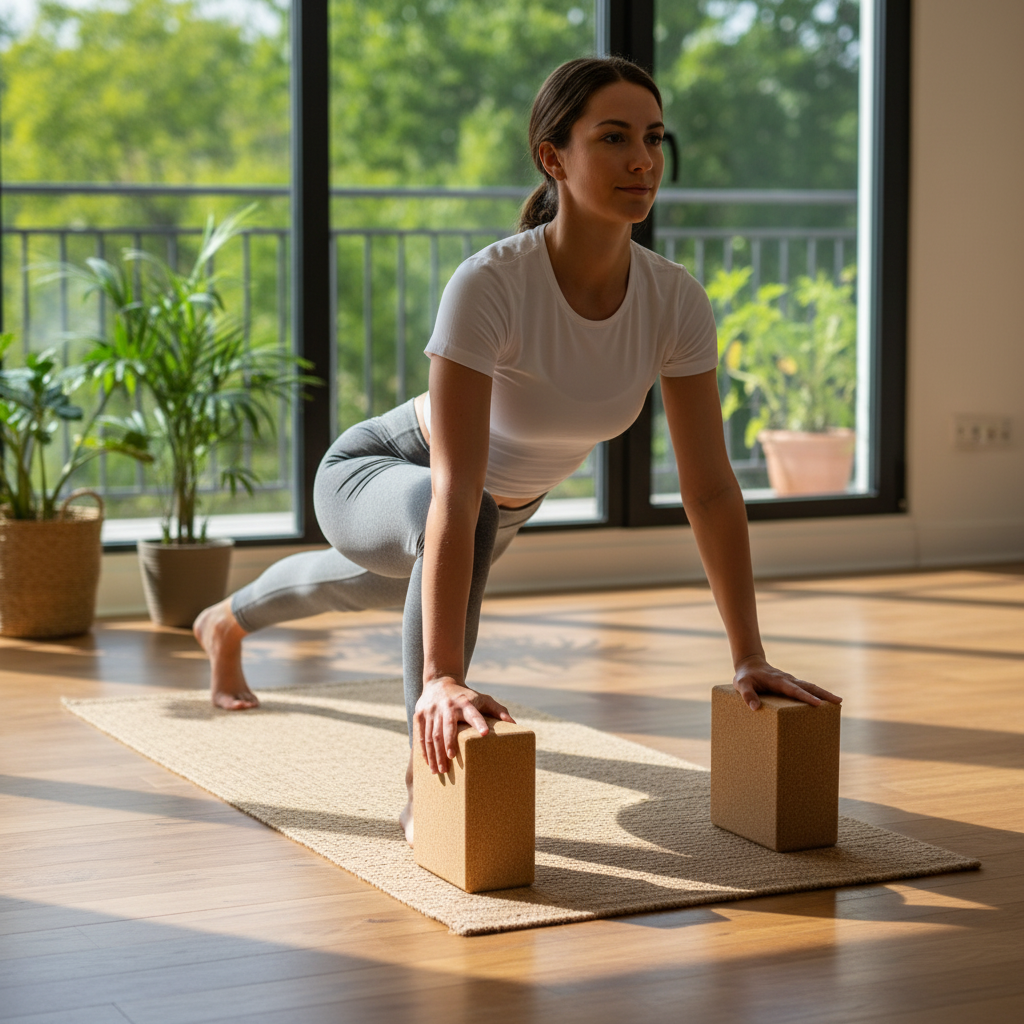 Young woman using Premium Natural Cork Yoga Block - 9 x 6 x 4 for Enhanced Workout Support in a low lunge position, showcasing its support for improved body alignment and stability during yoga practice.