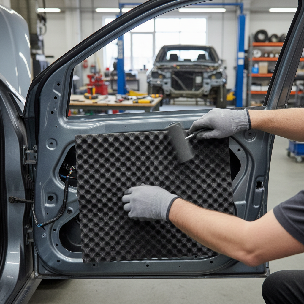 Person fits Premium Noise-Absorbing Foam Material 15mm Thick for Sound Insulation and Automotive Applications inside a car door, showcasing soundproof, acoustic, and vibration damping properties in a workshop setting.