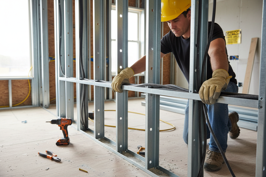 Tradesperson fitting Premium Perimeter Channel 3600mm for suspended ceiling construction, ensuring high-performance sound insulation and noise reduction. Cordless drill and pliers nearby, reflecting Sound Deadening UK’s commitment to acoustic solutions.