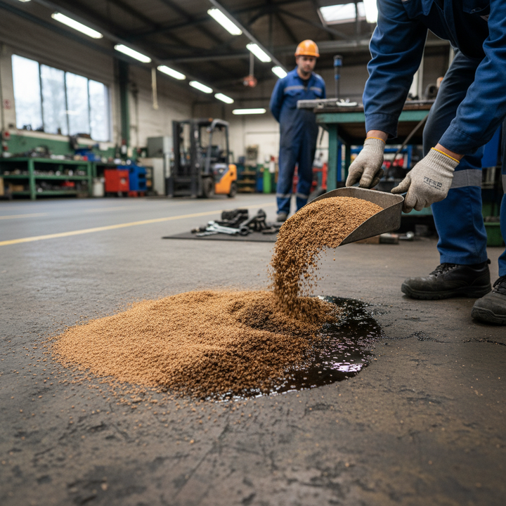 Worker using Premium Cork Granules 3 Litres - 0.5-1mm Granule Size with Density 50-62kg/m³, ideal for soundproofing, acoustic insulation, and noise reduction, in an industrial workshop setting.