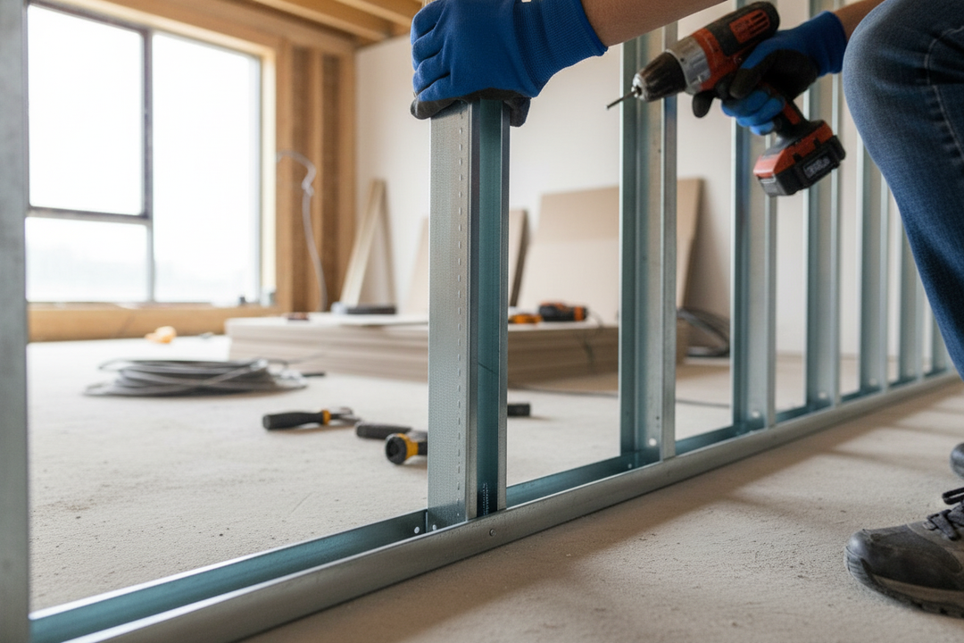 Premium Metal Stud Profile 3000mm x 48mm x 0.6mm for High-Performance Construction, used to fasten vertical metal studs, ideal for soundproof frameworks in acoustic insulation and noise reduction applications.