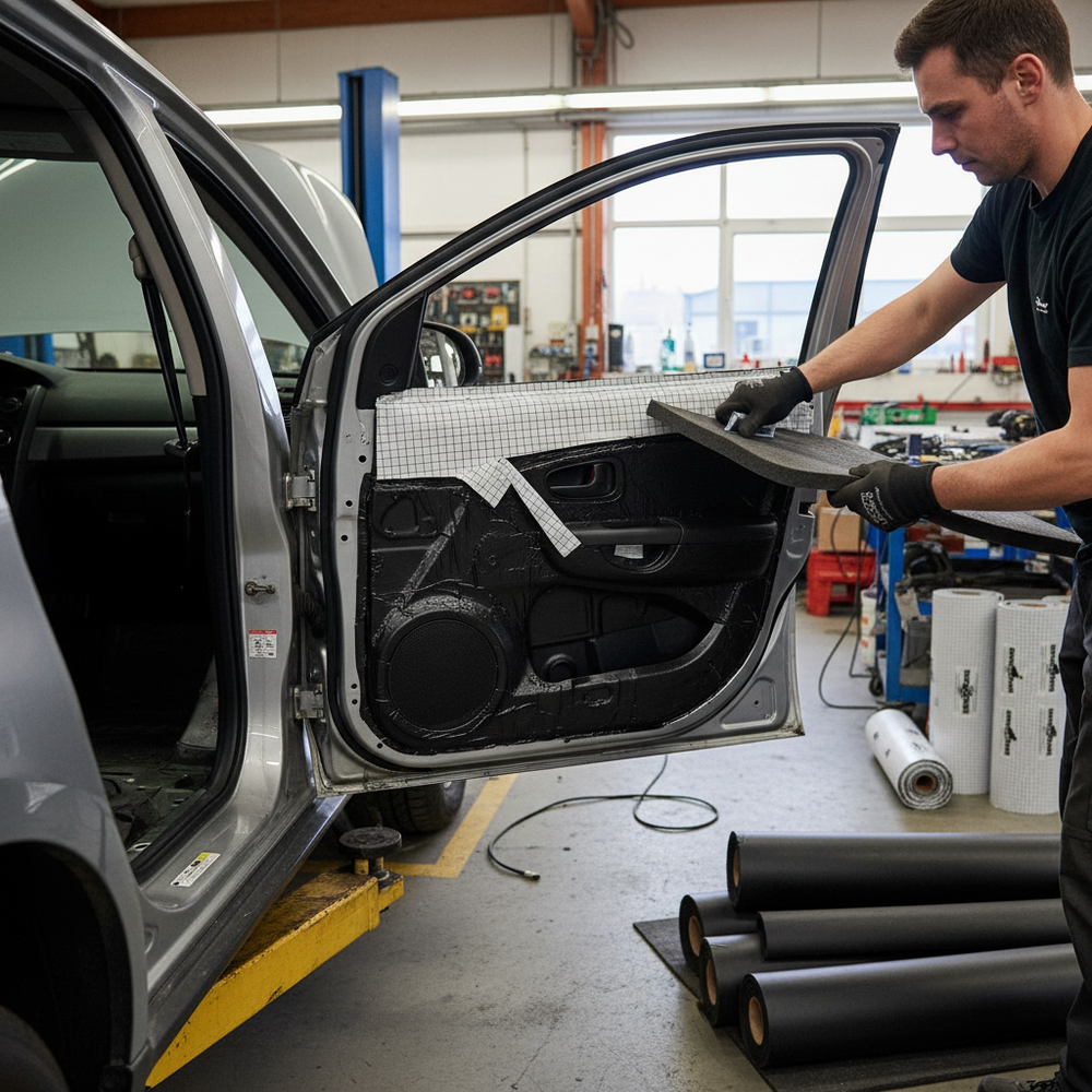 Technician installs Professional Sound Deadening and Insulation Mat - 4.5mm Thick with Butyl Rubber and Foam for Noise Reduction and Vibration Control, fitting it into a vehicle door for improved soundproofing and acoustic insulation.