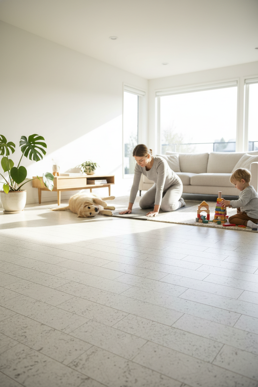 Premium Natural Cork Flooring in Iceberg White enhances this bright, minimalist living room's soundproof and acoustic qualities, providing excellent noise reduction and thermal comfort. Ideal for peaceful, insulated residential spaces.
