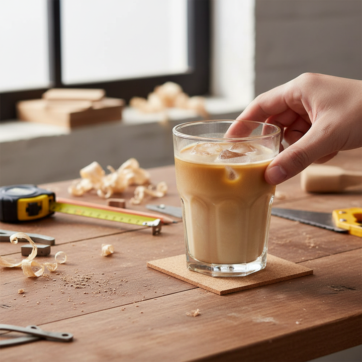 Premium Non-Adhesive Cork Coaster Sheets - 100mm x 100mm, 3mm Thick, 38 Sheets per Pack sit on a workbench, showcasing their versatility for soundproof, acoustic, and noise reduction applications. A hand reaches for an iced coffee on a coaster.