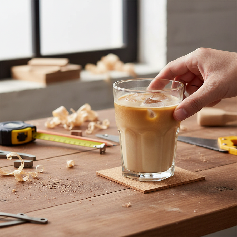 Premium Non-Adhesive Cork Coaster Sheets - 100mm x 100mm, 3mm Thick, 38 Sheets per Pack sit on a workbench, showcasing their versatility for soundproof, acoustic, and noise reduction applications. A hand reaches for an iced coffee on a coaster.