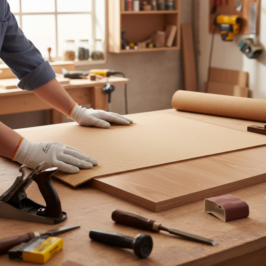 Premium High Density Cork Rolls 915mm x 610mm - 3mm Thick - Pack of 4 for Train Track Underlay and Insulation being smoothed over wood, surrounded by woodworking tools in a soundproofing workshop.