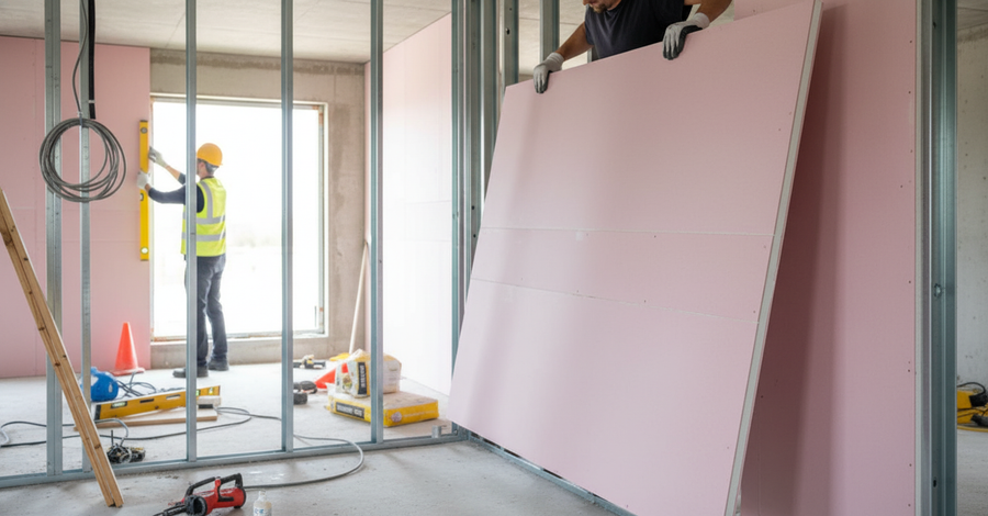 Worker installing Premium Heavy Duty Fire Resistant Plasterboard 12.5mm 2.88m² on metal studs; ideal for soundproof, acoustic, and noise reduction applications in construction, enhancing fire safety with superior sound insulation.