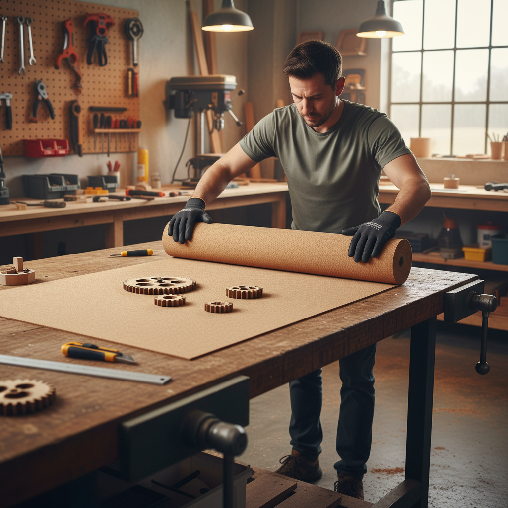 Man in workshop unrolls Premium Fine Grain Large Cork Roll 2m x 1m - 6mm Thick for Interior Walls with Smooth Finish, ideal for soundproofing and noise reduction, amidst tools and wooden gears.