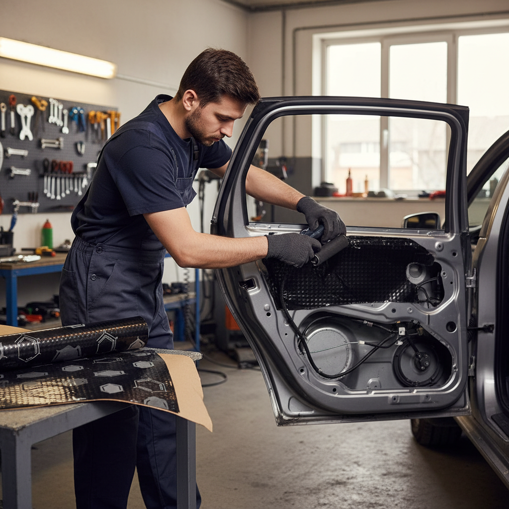 Mechanic installs Premium Self-Adhesive Anti-Vibration Material 2.2mm, a high-performance butyl rubber composite, on a car door panel in a garage, showcasing soundproof, acoustic, and noise-reduction capabilities.