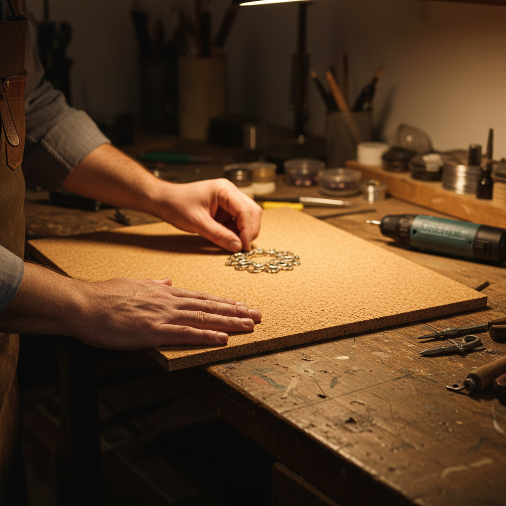 Premium Non-Adhesive Cork Sheet 220mm x 190mm seen on a workbench, being used in a jewelry studio. Ideal for soundproofing, acoustic projects, and more, with multiple thickness options for versatile use.