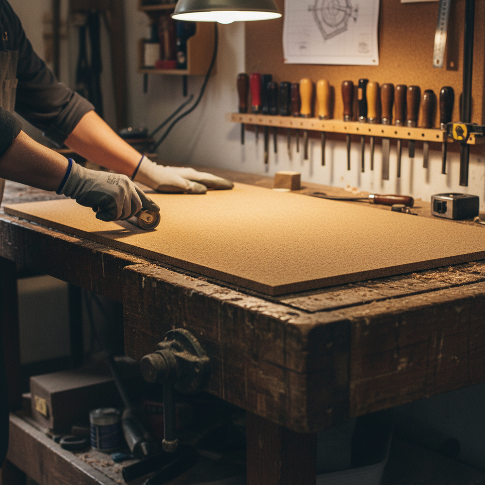 Person using a cutting tool on Premium Fine Grain Adhesive Cork Sheets - 915mm x 610mm - 13mm Thickness - Pack of 2, ideal for soundproofing, acoustic insulation, noise reduction, and pinboards on a workspace.