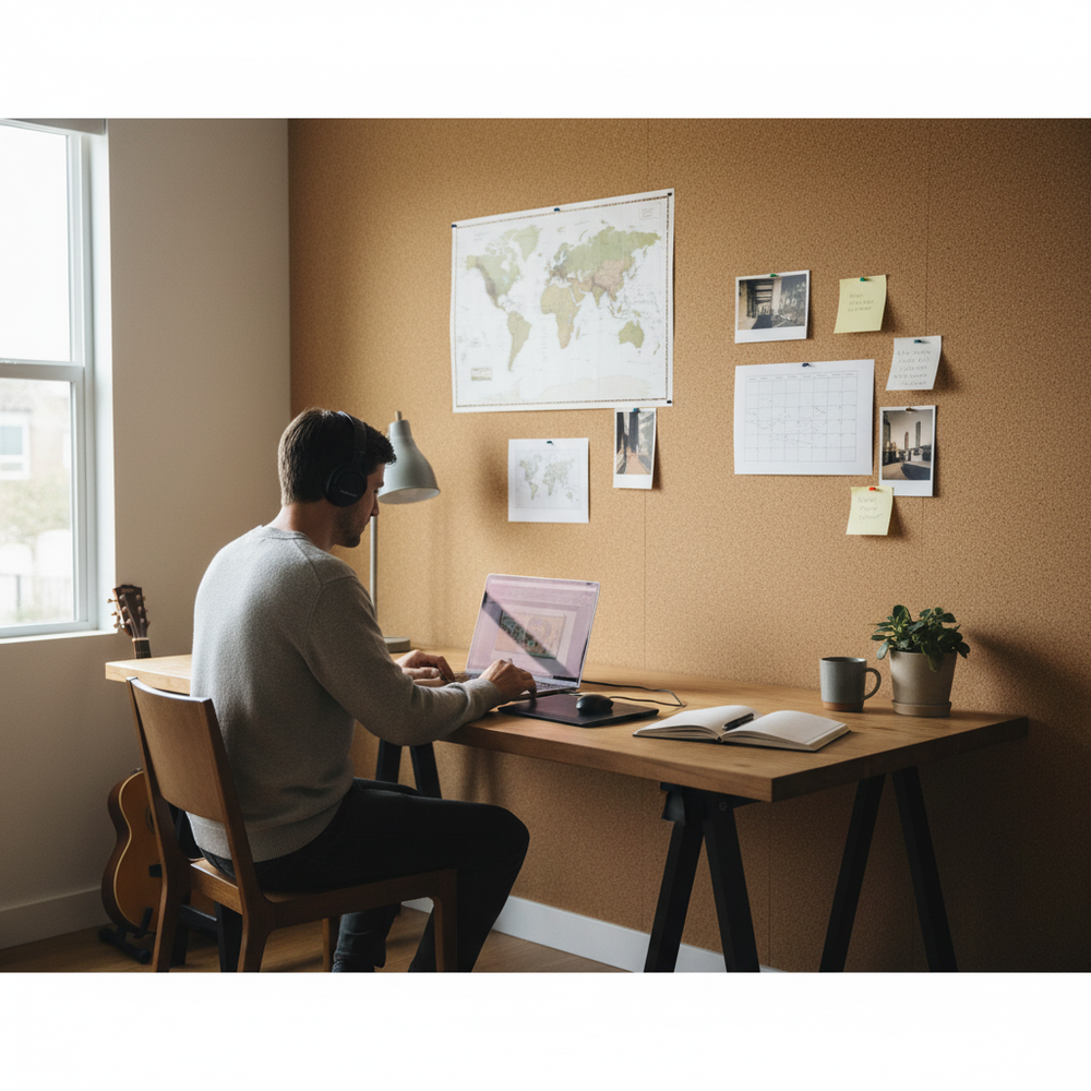 Premium Fine Grain Large Cork Roll - 4m x 1m - 10mm Thick for Interior Walls featured as a pin board backdrop in a home-office setup. Ideal for soundproofing and noise reduction in acoustic environments.