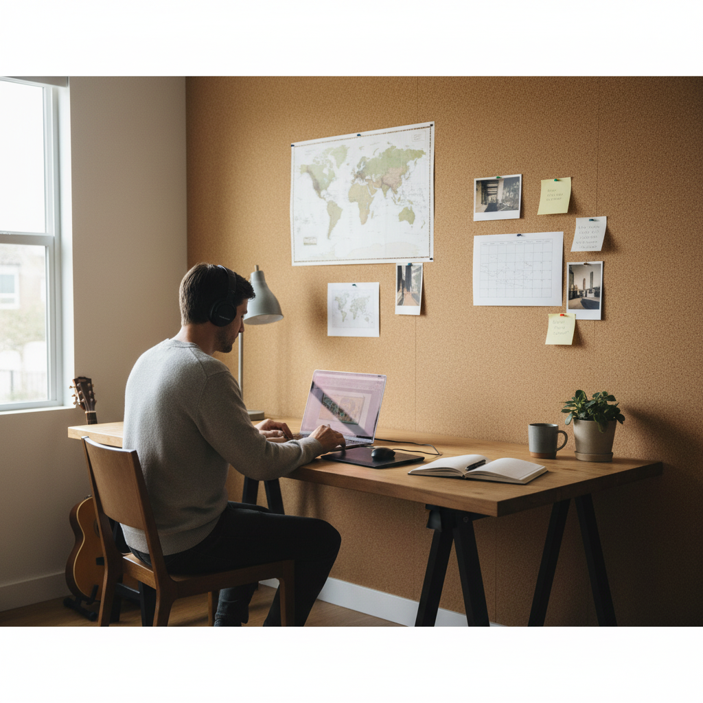 Premium Fine Grain Large Cork Roll - 4m x 1m - 10mm Thick for Interior Walls featured as a pin board backdrop in a home-office setup. Ideal for soundproofing and noise reduction in acoustic environments.