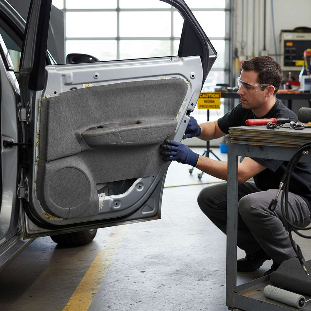 Technician installs Premium Lightweight Thermal Insulation for Vehicles - 8mm Thick Foam, offering 1.0sq.m coverage. Ideal for acoustic soundproofing and vibration damping in car interiors, van conversions, and campers.