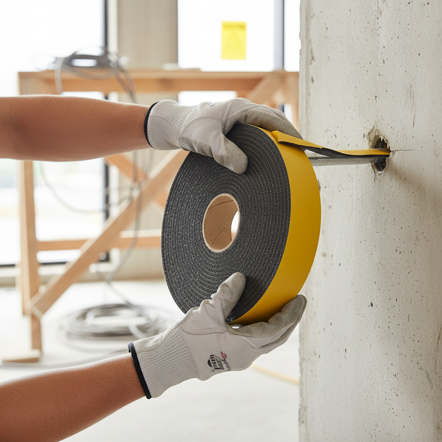 Premium Self-Adhesive Silentcloud Isolation Roll - 10000m x 100mm x 5mm for Acoustic Transfer Limitation being applied around a pipe in a construction setting, enhancing soundproofing and noise reduction in unfinished rooms.