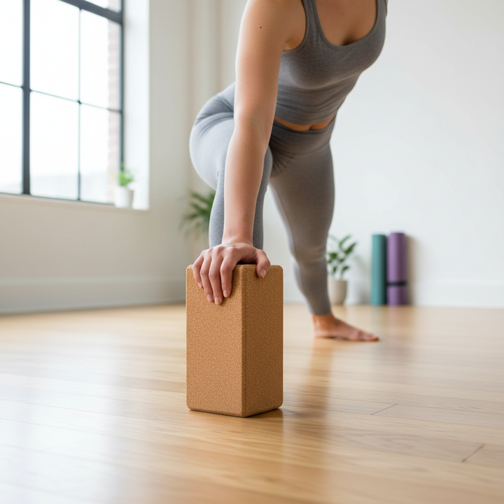 Person practicing yoga in a light-filled room using a Premium Cork Yoga Block - 12in x 8in x 2in, Durable Natural Material for Enhanced Support and Alignment, enhancing posture and stability. Ideal for acoustic environments.