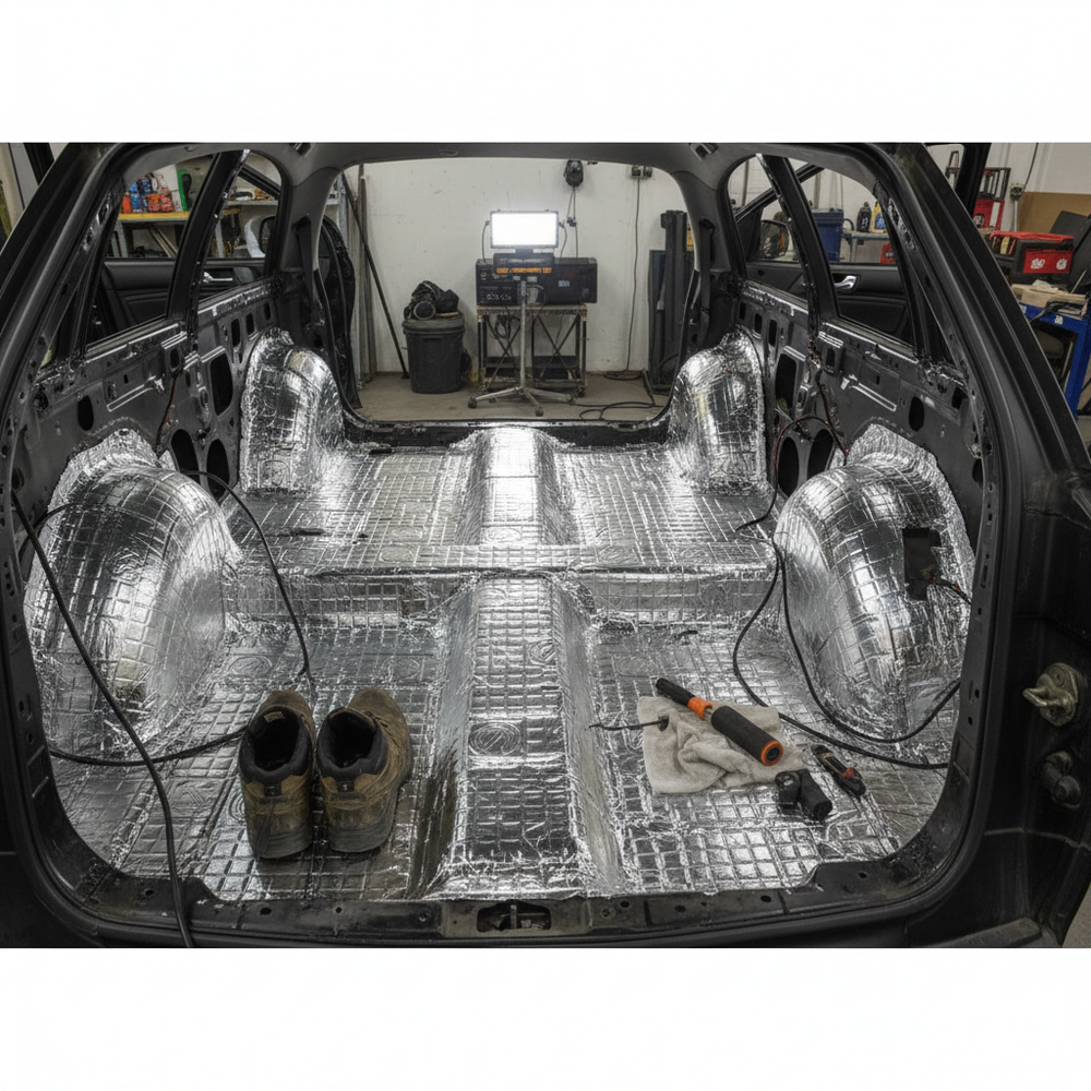Premium 2mm Damping Mat - 20 Sheet Pack for Noise Reduction and Vibration Control applied on car interior, showcasing soundproofing and acoustic insulation tools like work boots, roller, and screwdrivers scattered around.
