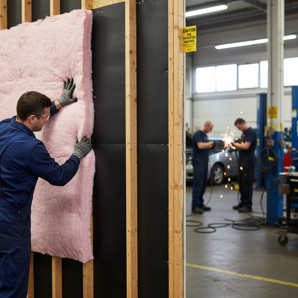 Man in coveralls installing Premium High-Performance Mass Loaded Vinyl Acoustic Barrier Mat 1.25m x 1m in workshop, showcasing its flexible design for automotive soundproofing and noise reduction amidst active garage setting.
