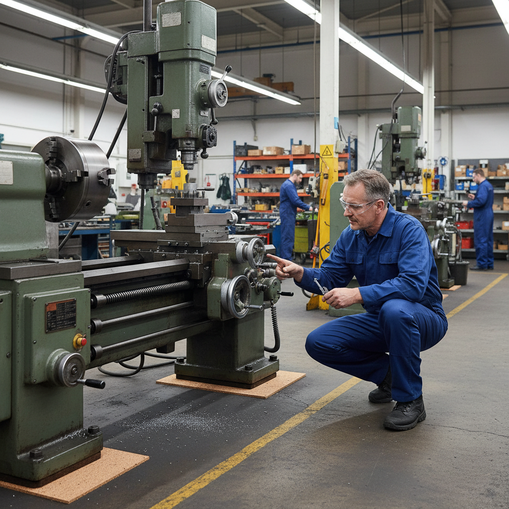 Technician demonstrates vibration damping with Premium High Density Cork Rolls, 915mm x 610mm, 2mm thick, pack of 6, ideal for soundproofing, acoustic insulation, and noise reduction in a machine shop setting.