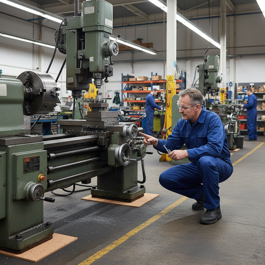 Technician demonstrates vibration damping with Premium High Density Cork Rolls, 915mm x 610mm, 2mm thick, pack of 6, ideal for soundproofing, acoustic insulation, and noise reduction in a machine shop setting.