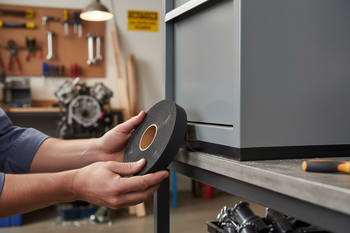 A person applies the Premium Impact Noise Reduction Foam Roll, 50mm x 15m, self-adhesive, to a metal cabinet, showcasing its ease of installation for acoustic insulation and soundproofing.